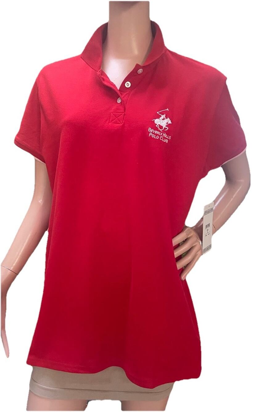 Beverly Hills Polo Club Woman XL Short Sleeve 2-button Polo Shirt Red White Logo